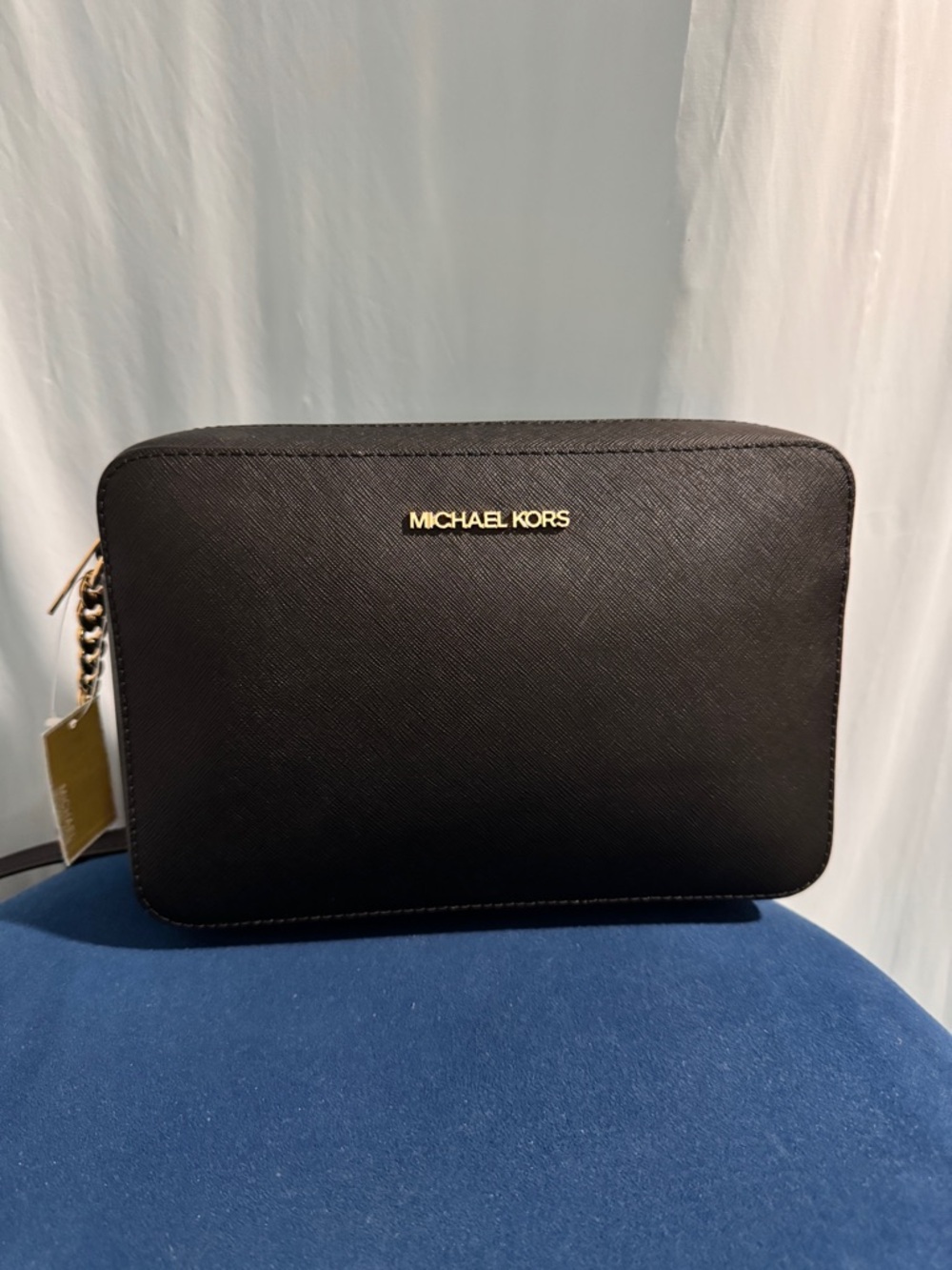 Michael Kors Jet Set Saffiano Leather Large Crossbody Black Structured Gold NWT
